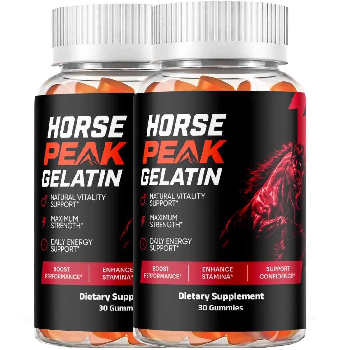Two bottles of Horse Peak Gelatin Gummies dietary supplement, 30 gummies each